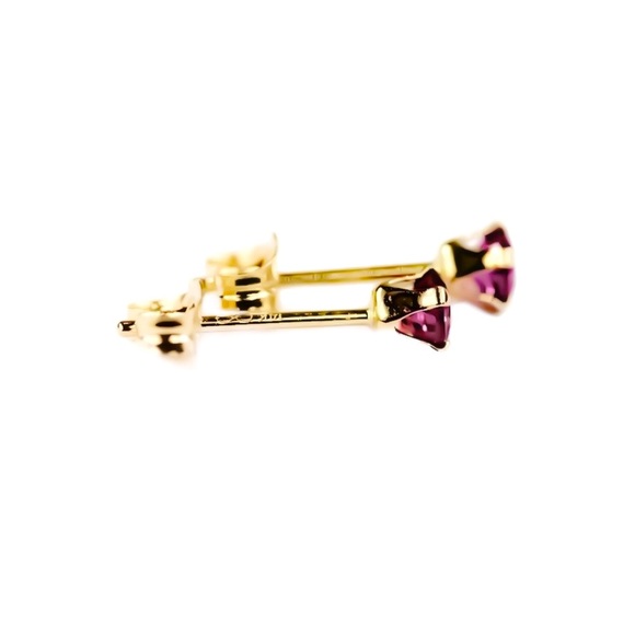 14K Yellow Gold 3mm Genuine Rhodolite Garnet Gemstone 4 Prong Set Stud Earrings - Picture 3 of 6